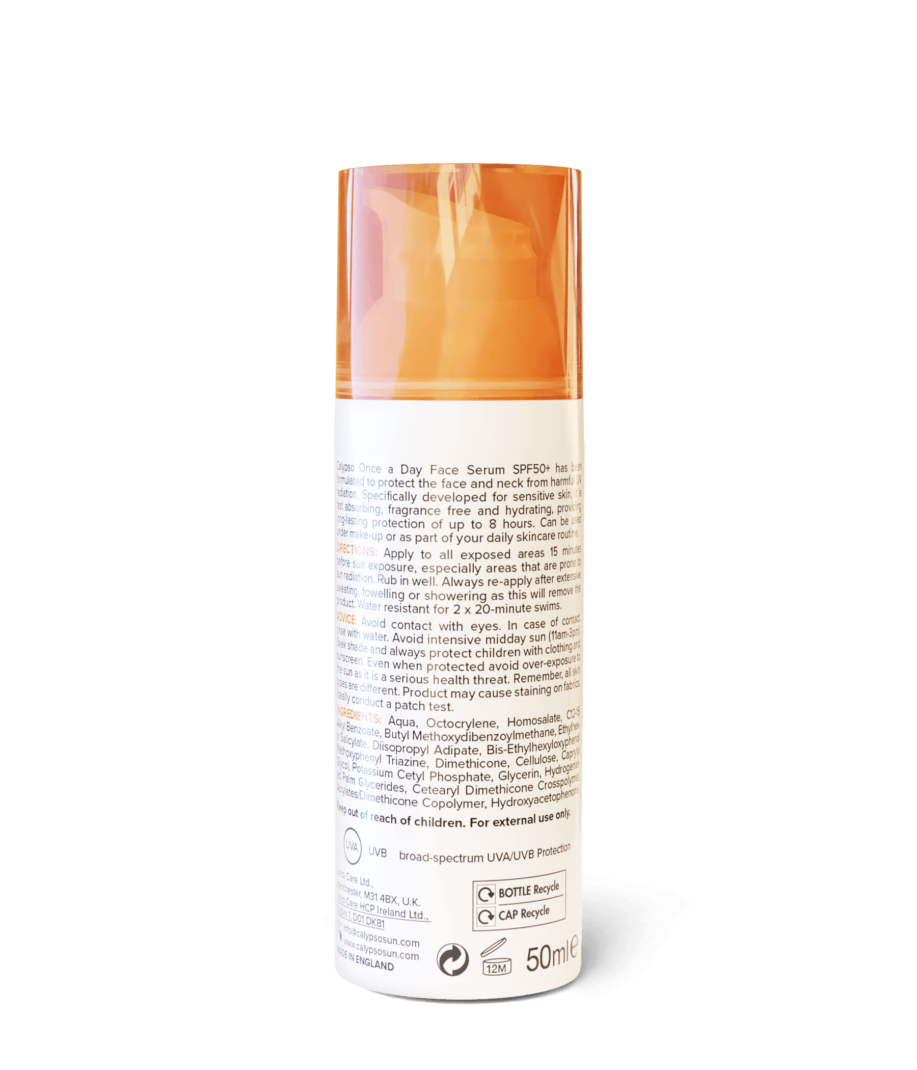 Calypso Once a Day Serum SPF50+ with vitamin c, bottle back